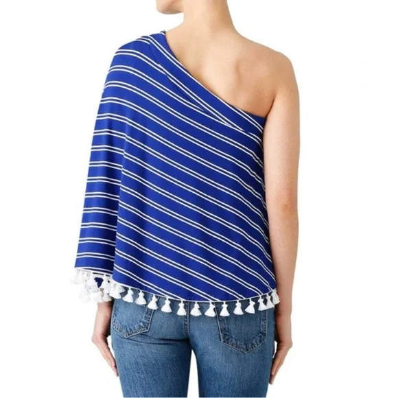 🏝️EUC - Trina Turk Pomona Top Women size XL - One shoulder Tassels Blue White - Picture 2 of 10